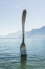 La Fourchette, the fork, sculpture by Jean-Pierre Zaugg, Vevey, Lake Geneva, Lac Léman, Canton of