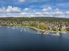 Aerial view of the village of Wangen on the Höri peninsula with boat moorings and jetty on the