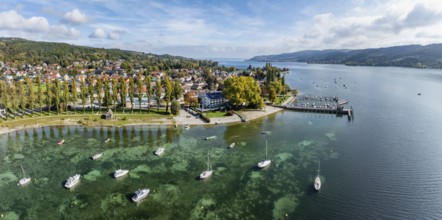 Aerial view, panorama of the village of Wangen on the Höri peninsula with boat moorings and jetty