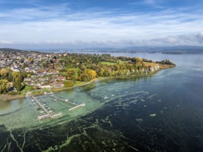 Aerial view of the Höri peninsula with the village of Horn and the boat harbour with jetty, on the