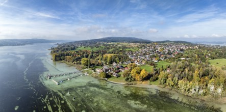 Aerial view, panorama of the Höri peninsula with the village of Horn and the boat harbour with
