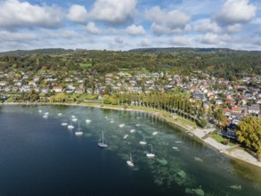 Aerial view of the village of Wangen on the Höri peninsula with boat moorings on the lakeshore,