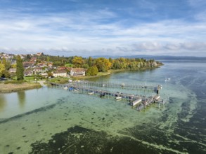 Aerial view of the Höri peninsula with the village of Horn with the boat harbour and jetty, Lake