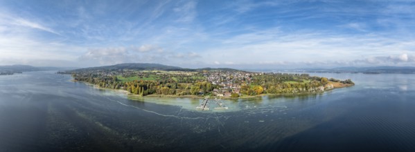Aerial view, panorama of the Höri peninsula with the village of Horn and the boat harbour with