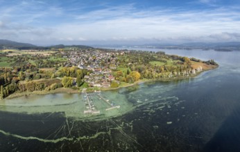 Aerial view, panorama of the Höri peninsula with the village of Horn and the boat harbour with