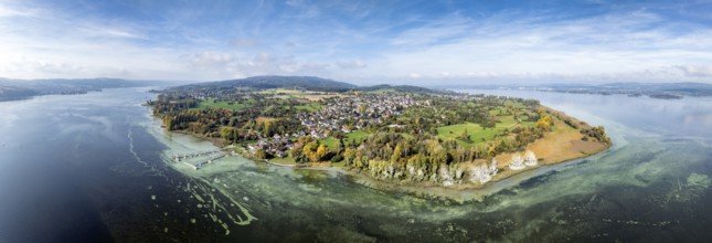 Aerial view, panorama of the Höri peninsula with the headland, called Hornspitze, nature reserve,