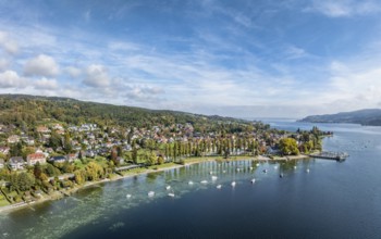 Aerial view, panorama of the village of Wangen on the Höri peninsula with boat moorings and jetty