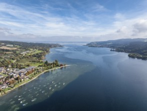 Aerial view of the village of Wangen on the Höri peninsula with boat moorings and jetty on the