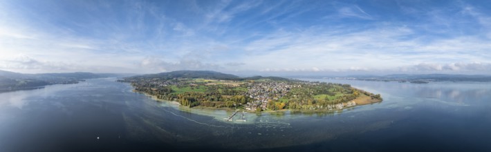 Aerial view, panorama of the Höri peninsula with the headland, called Hornspitze, nature reserve,