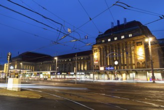 Street and tram tracks in front of the main station, tracers, blue hour, main station, Leipzig,