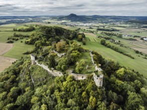 Aerial view of the Hegau volcano and the Mägdeberg castle ruins, with Hohenhewen on the horizon,