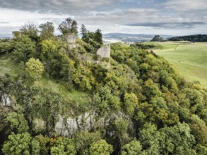 Aerial view of the Hegau volcano and the Mägdeberg castle ruins, with the Hohenkrähen on the