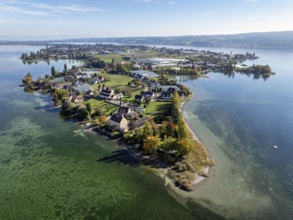Aerial view of the north-western tip of the island of Reichenau in Lake Constance, with the