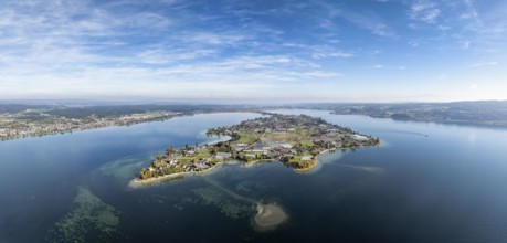 Aerial view, panorama of the island of Reichenau in Lake Constance, district of Constance,