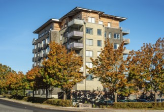 Modern apartment building at blue sky and trees in autumn colors, built in 2020 in Ystad, Skåne