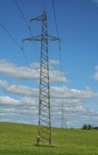 Electric power line in open landscape with clouds in Ystad municipality, Skåne county, Sweden,