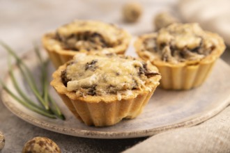 Tartlets with meat and cheese on brown concrete background and linen textile. side view, close up,