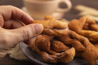 Crunchy biscuit Brushwood cookies with hand sprinkled with powdered sugar on brown wooden