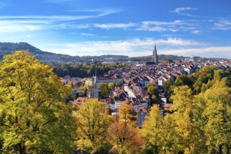 View of Bern's old town lined with colourful autumn trees, UNESCO World Heritage Site, Canton of