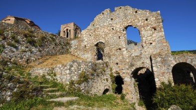 Church of Agia Sophia from the 14th century AD, Ancient ruins with stone arches and old walls in a
