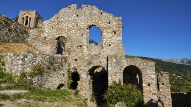 Church of Agia Sophia from the 14th century AD, view of ruins with stone walls and arches in a