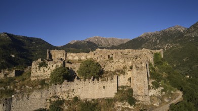 Drone image, Byzantine castle on a wooded hill with mountain view, Mystras, Mistra, UNESCO World