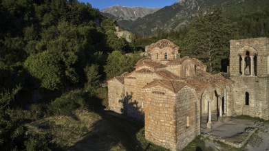Drone shot, Church of Agia Sophia from the 14th century AD, An old church with ruins in the