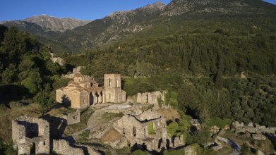 Drone shot, Church of Agia Sophia from the 14th century AD, Historic church and ruins with view of