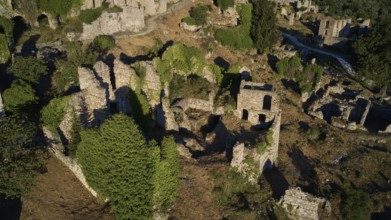 Drone image, Ancient, overgrown ruins in a natural, wooded environment, Mystras, Mistra, UNESCO