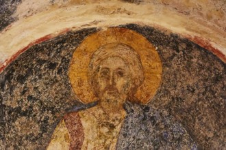 Church of Agia Sophia from the 14th century AD, detail of a fresco depicting Jesus with halo,