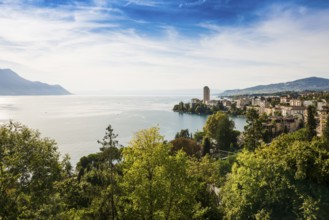 Town by the lake, Panorama, Montreux, Lake Geneva, Lac Léman, Canton Vaud, Switzerland