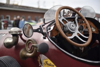 Steering wheel from a vintage racing car, at a vintage car meeting in Büsum, Schleswig-Holstein,