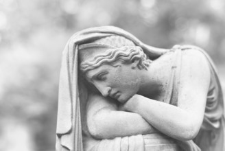 Mourning, woman on gravestone, statue, sad, graves, black and white, Hoppenlauf cemetery, oldest