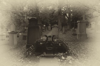 Gravestones, grave of poet and writer Wilhelm Hauff, graves, black and white, vintage, Hoppenlauf