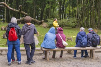 Group of people sitting and standing in a wooded area, surrounded by trees and wearing casual