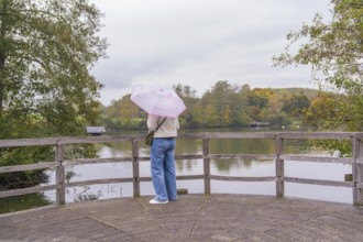 Person with umbrella looking at the lake from a jetty, Affenberg Salem, Lake Constance district,