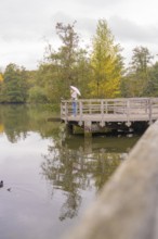 Person stands with umbrella on a footbridge over a calm lake, Affenberg Salem, Lake Constance