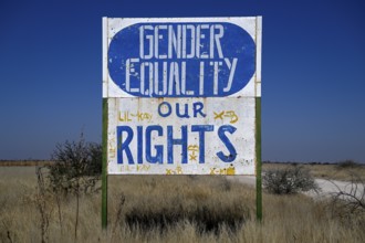 Gender Equality sign, Osire Refugee Settlement, refugee camp, Osire, Otjozondjupa region, Namibia