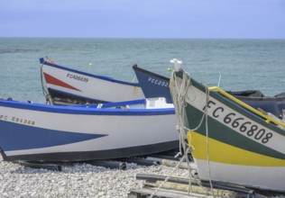 Simple wooden boats on the beach of, Yport, Département Seine-Maritime, France