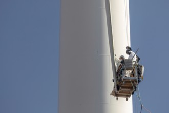 Luverne, Minnesota - Workers repair the cracked blade of a wind turbine