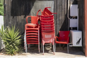 Restaurant furniture, for outdoor catering, tables, chairs, stacked, day off, catering closed, old