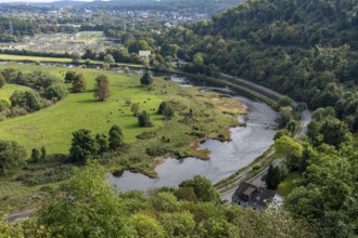 The Ruhr valley near Hattingen, Ruhr bend, groynes in the Ruhr, transformer station, North
