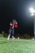 Male football player making a dramatic evening catch under stadium lights on green turf, showcasing