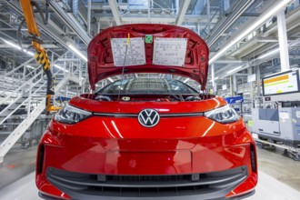 Electric car production in the assembly halls of VW in Zwickau. VW logo, Zwickau, Saxony, Germany