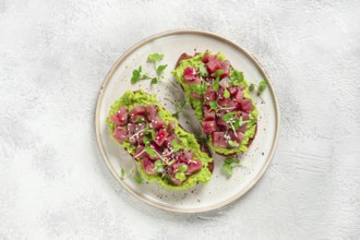 Toasts with fresh tuna and avocado, spread on black bread and sprinkled with microgreens,