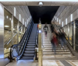 Night photo, long exposure with motion blur, modern underground entrance at Unter den Linden