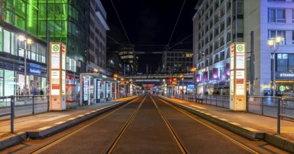 Night shot at the tram line at Friedrichstraße station, stop of lines M1 and M12, Berlin, Germany