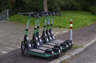 Several e-scooters, electric scooters, scooters parked on the pavement, pavement, in the Bolt bike