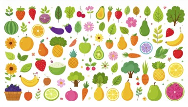 Spring and summer fruit and vegetable element set, vector illustration, AI generated