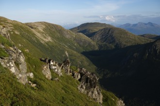 Rørsethornet hike, view over the forests and valleys of the island of Otroya or Otrøya, Møre og